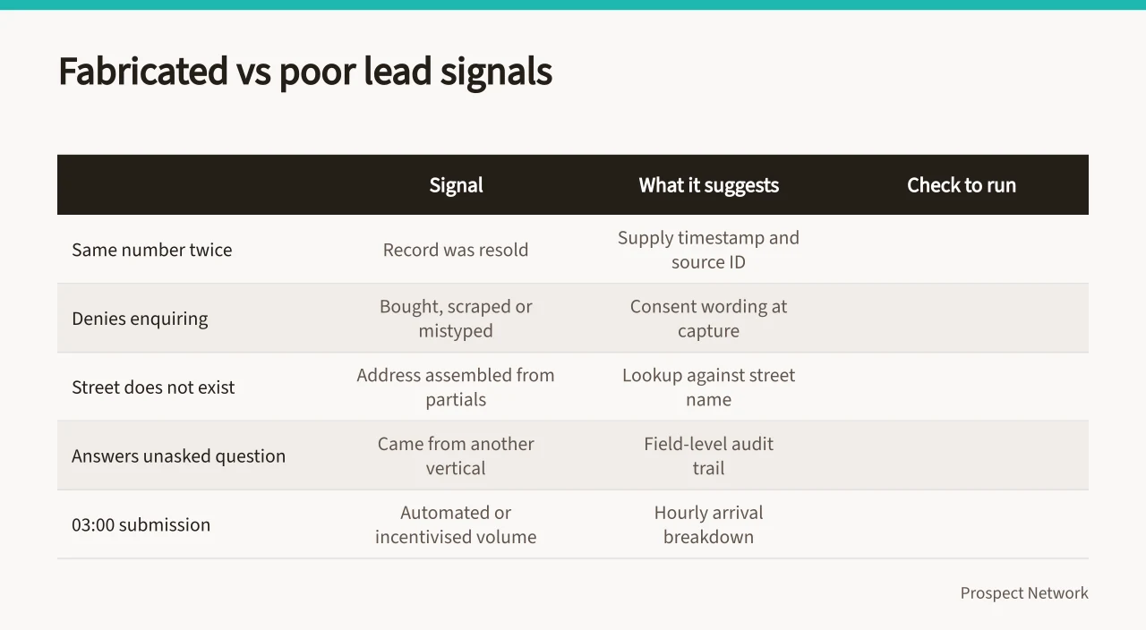 Comparison table of five lead signals, their likely causes and checks to run (How to spot low-quality leads from UK lead marketplaces)